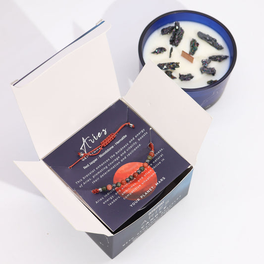 Aries Zodiac Crystal Candle with Gemstone Bracelet - Crystal Nest