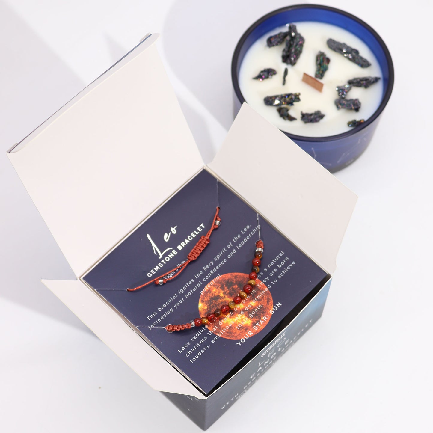 Leo Zodiac Crystal Candle with Gemstone Bracelet - Crystal Nest