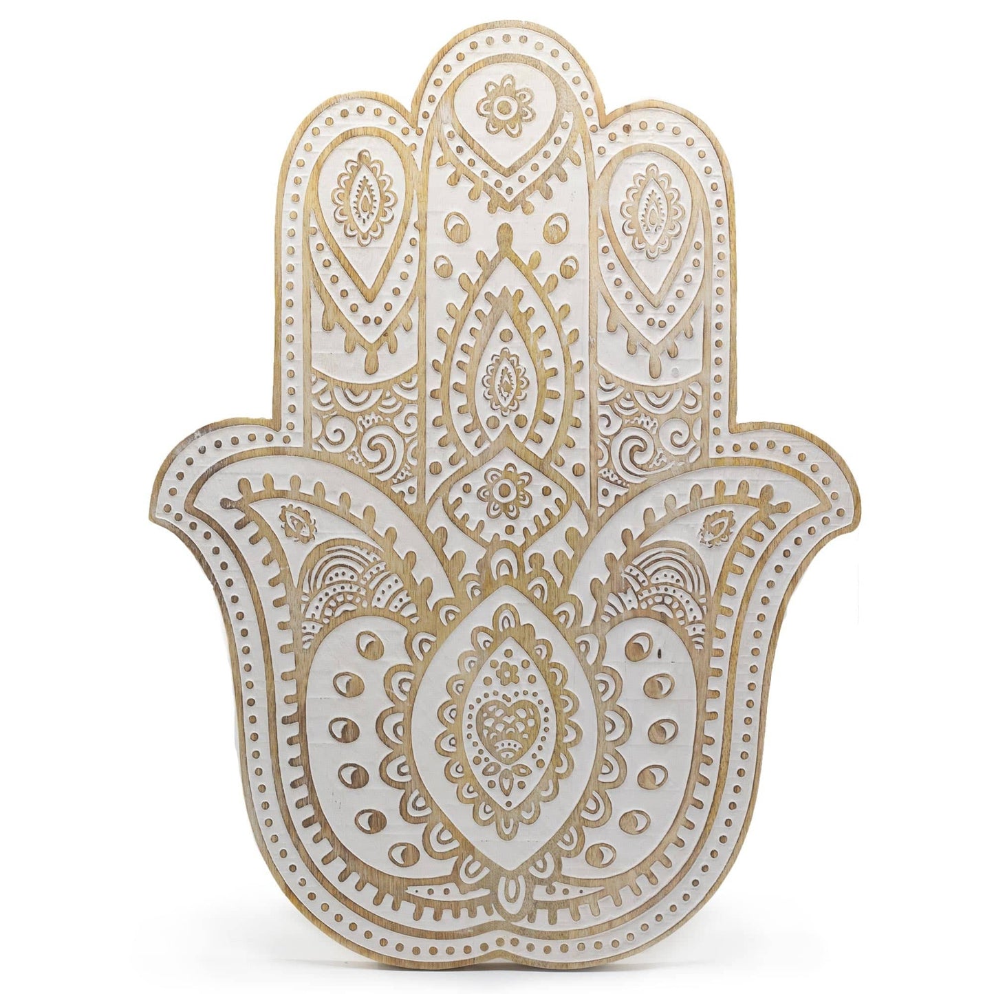 Whitewashed Mango Wood Hamsa Wall Plaque - Crystal Nest