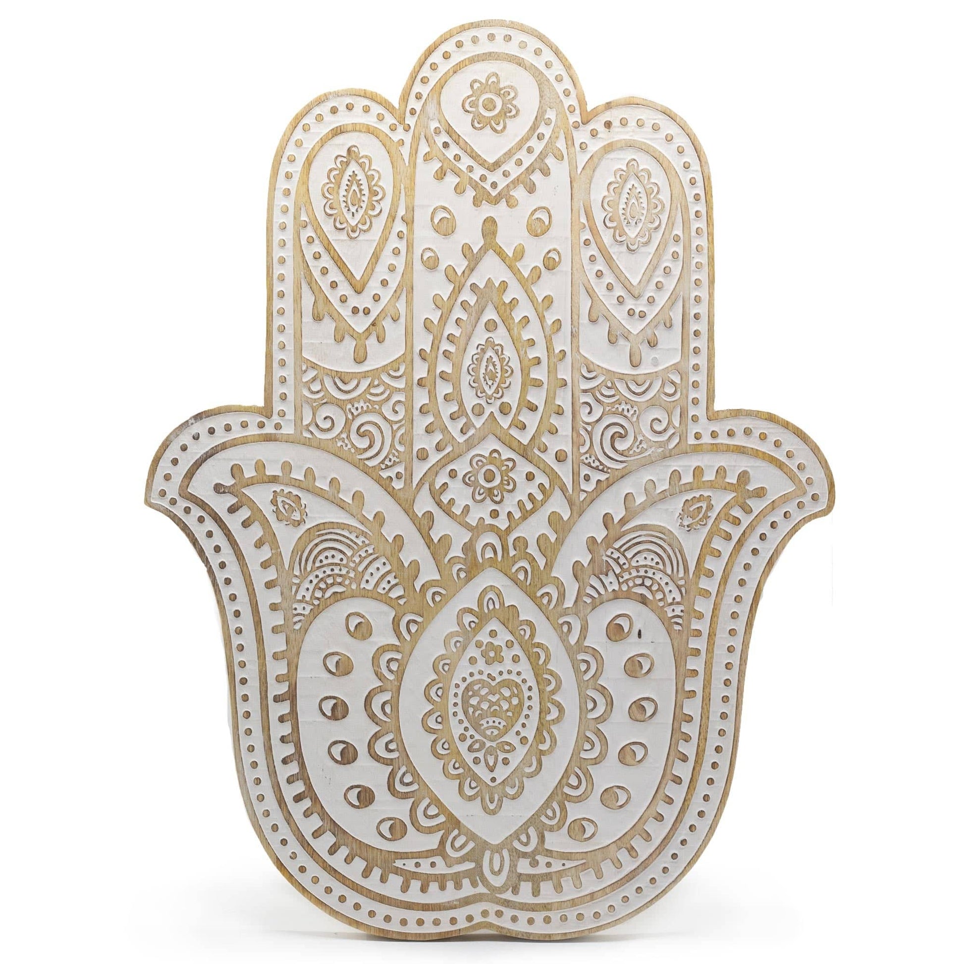 Whitewashed Mango Wood Hamsa Wall Plaque - Crystal Nest