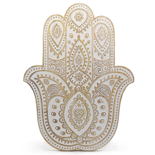 Whitewashed Mango Wood Hamsa Wall Plaque - Crystal Nest