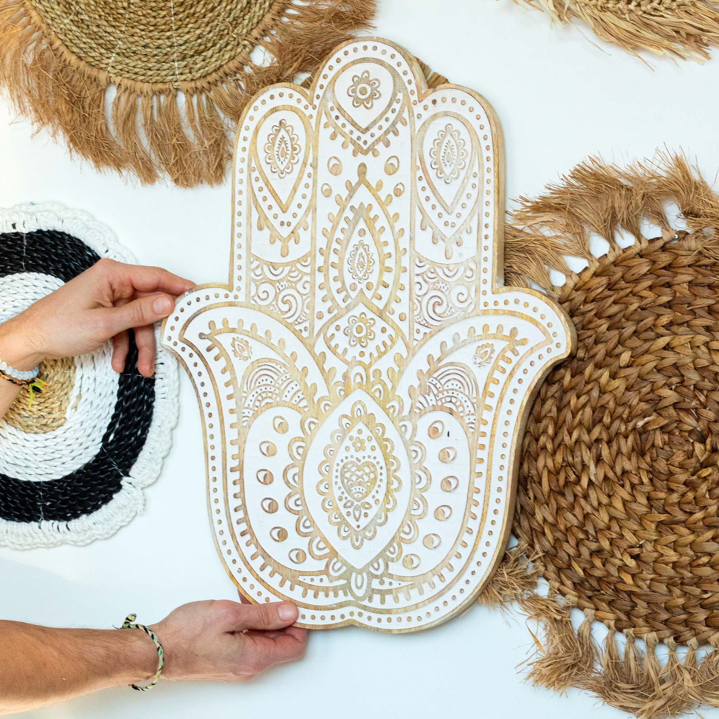 Whitewashed Mango Wood Hamsa Wall Plaque - Crystal Nest