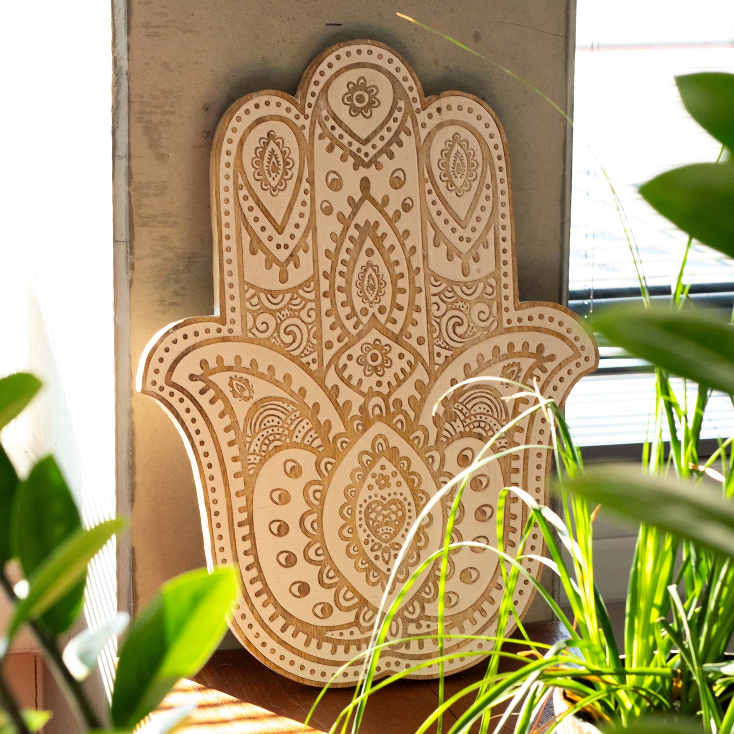 Whitewashed Mango Wood Hamsa Wall Plaque - Crystal Nest