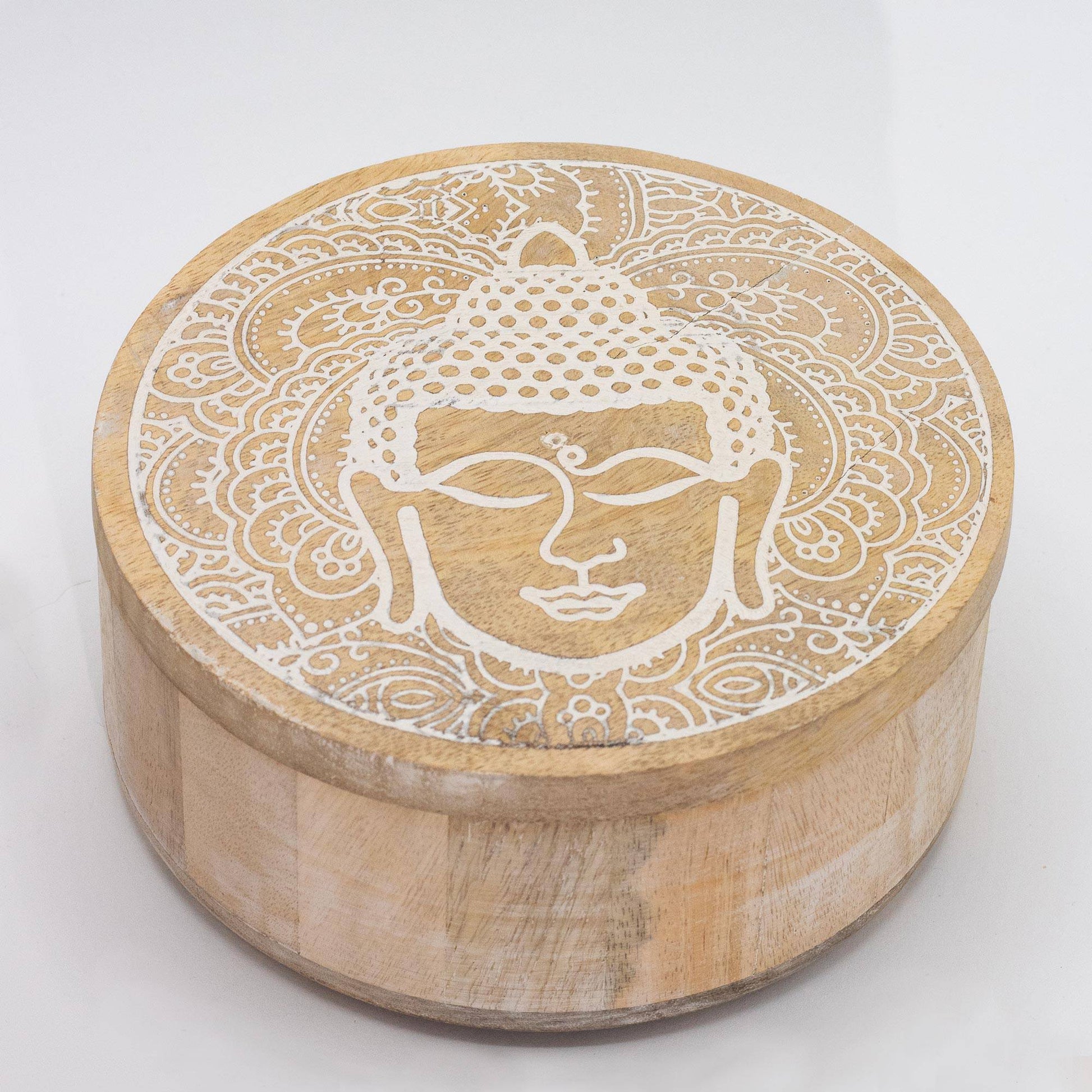 White Buddha Round Wooden Box - Crystal Nest