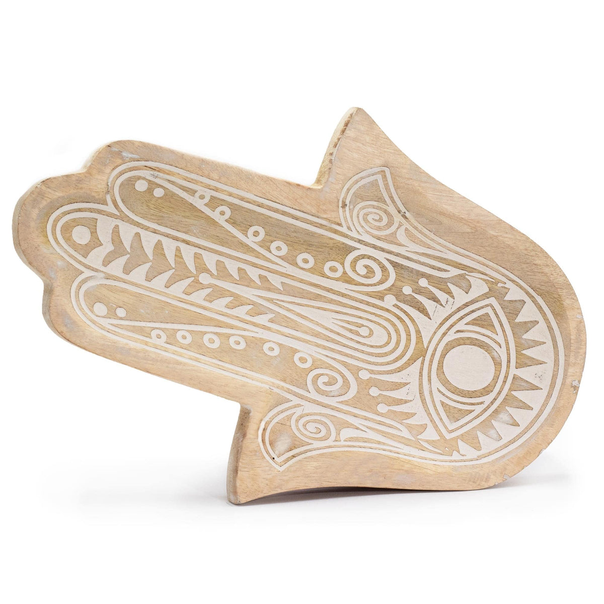 Hamsa Hand Whitewashed Wooden Tray - Crystal Nest