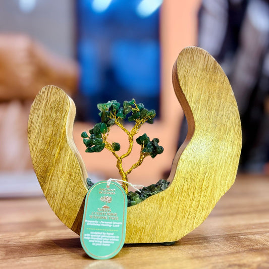 Green Aventurine Gemstone Tree Garden | Open Mango Wood Ring | Luck & Prosperity - Crystal Nest