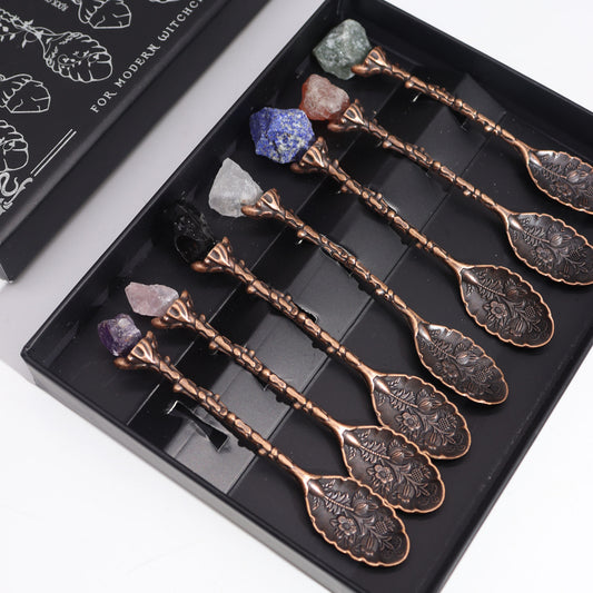 Antique Bronze Gemstone Crystal Spoons - Set of 7 - Crystal Nest