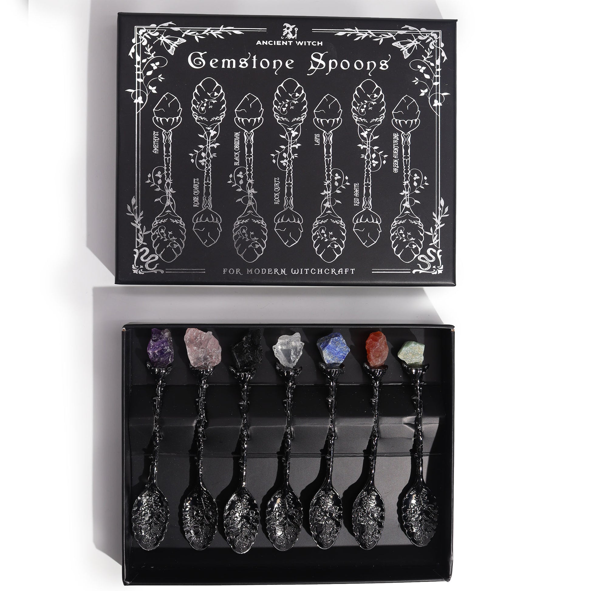 Antique Dark Silver Gemstone Crystal Spoons - Set of 7 - Crystal Nest