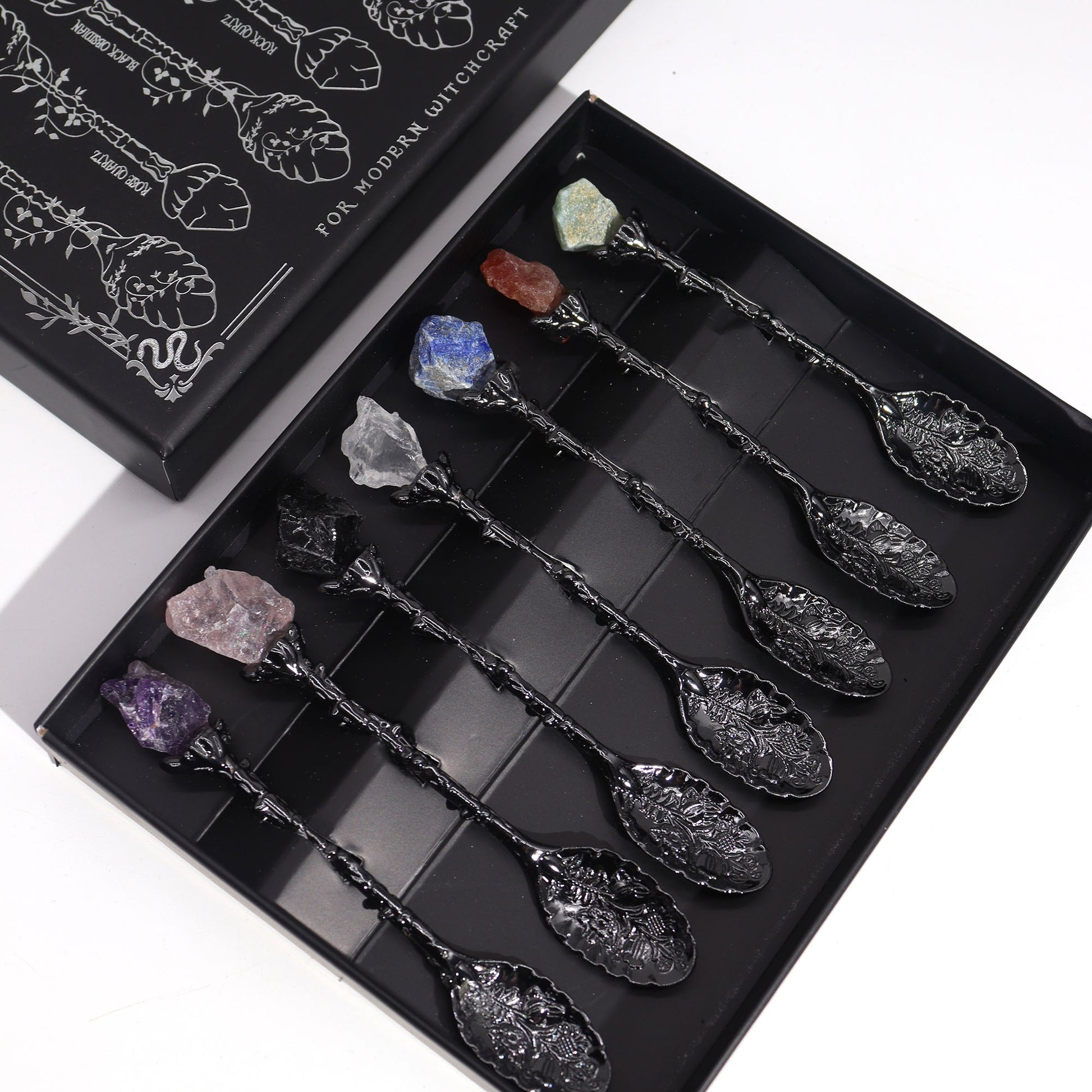 Antique Dark Silver Gemstone Crystal Spoons - Set of 7 - Crystal Nest