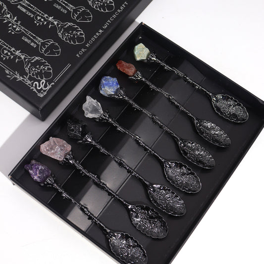 Antique Dark Silver Gemstone Crystal Spoons - Set of 7 - Crystal Nest