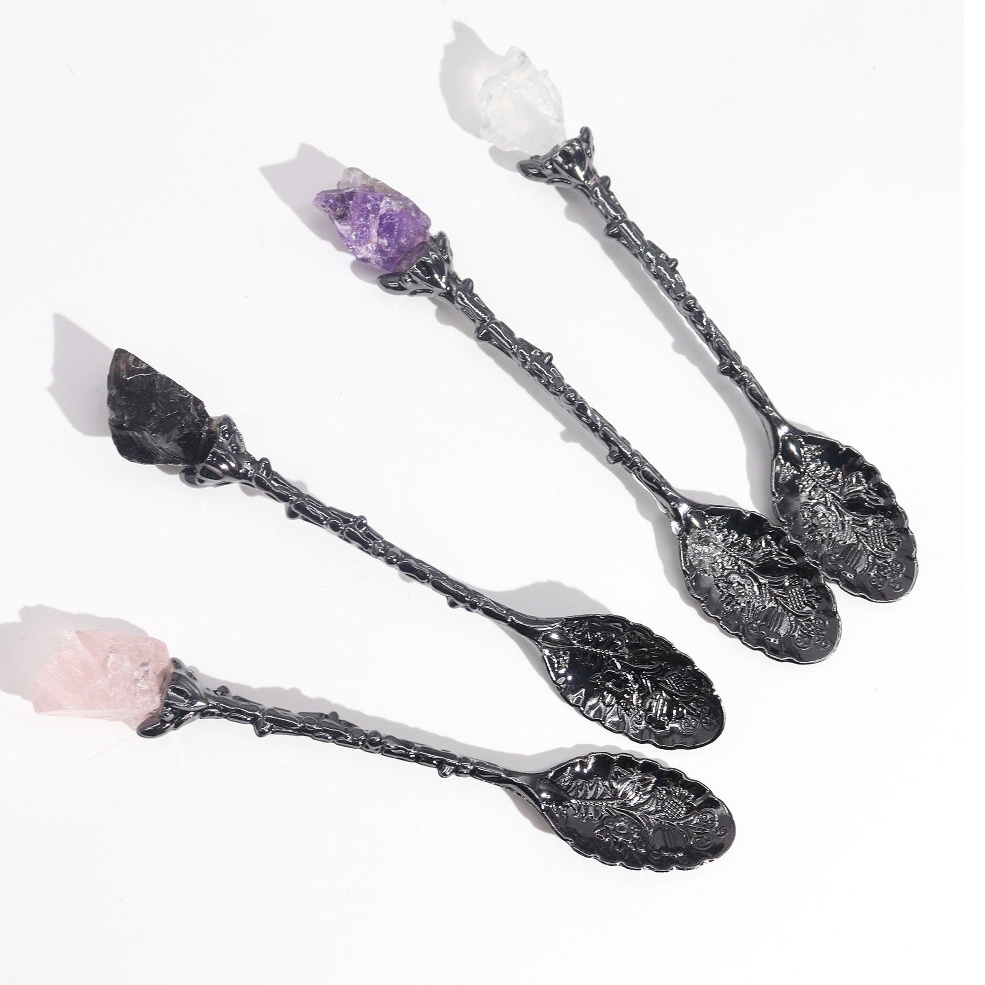 Antique Dark Silver Gemstone Crystal Spoons - Set of 7 - Crystal Nest