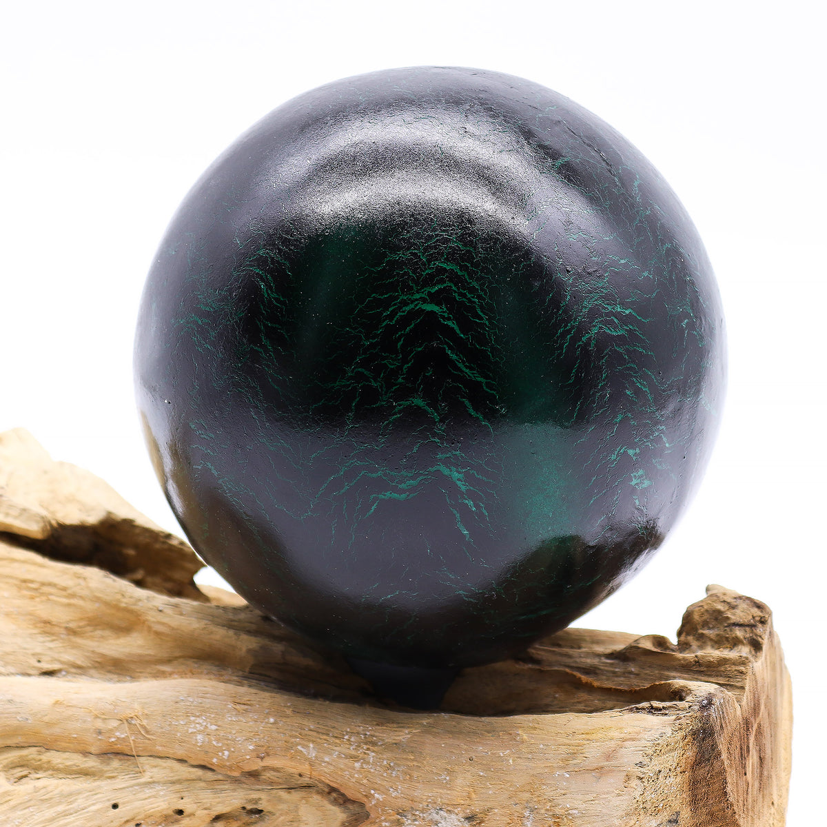 Emerald Glow Orb Lamp | Crackle Glass Sphere on Driftwood Base - Crystal Nest