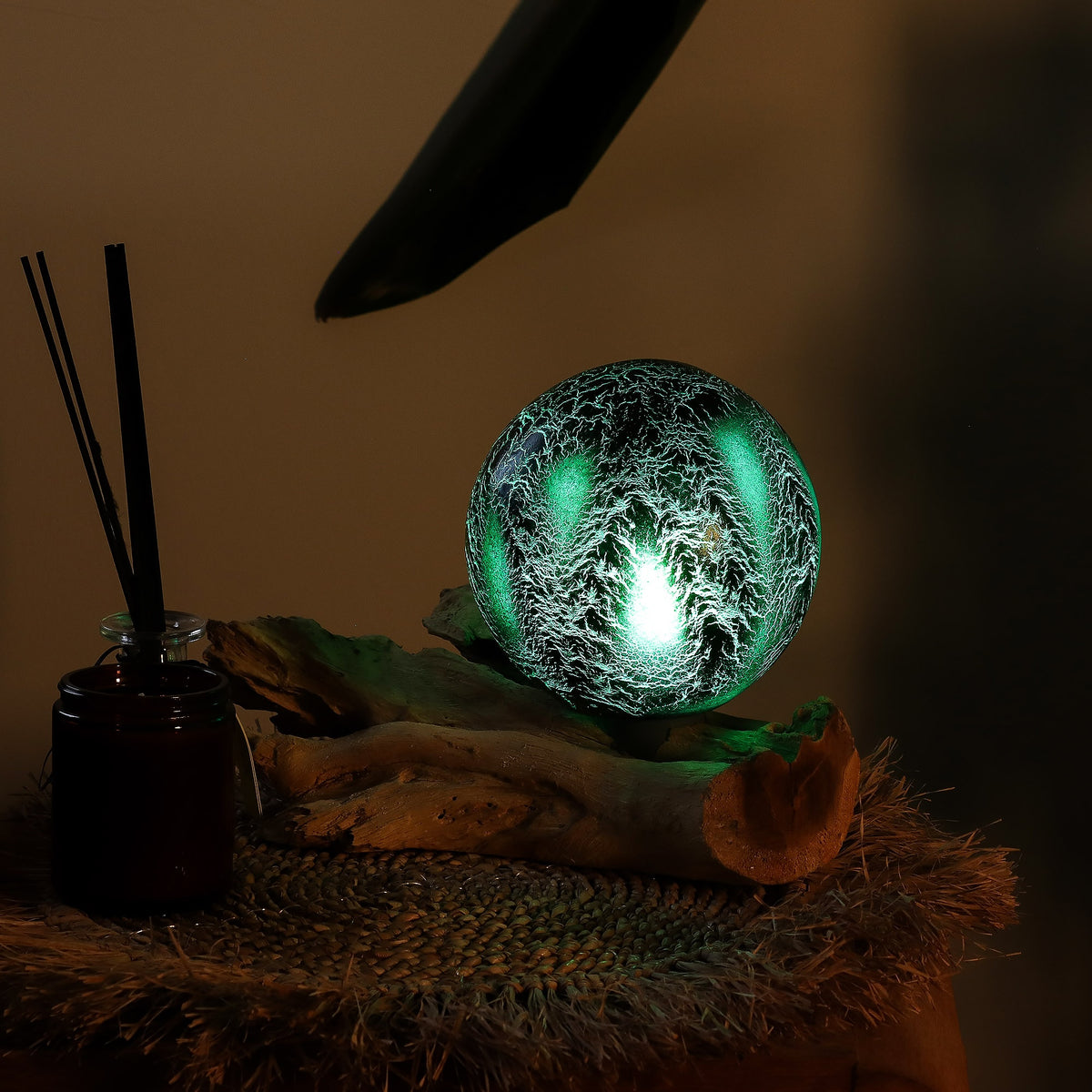Emerald Glow Orb Lamp | Crackle Glass Sphere on Driftwood Base - Crystal Nest