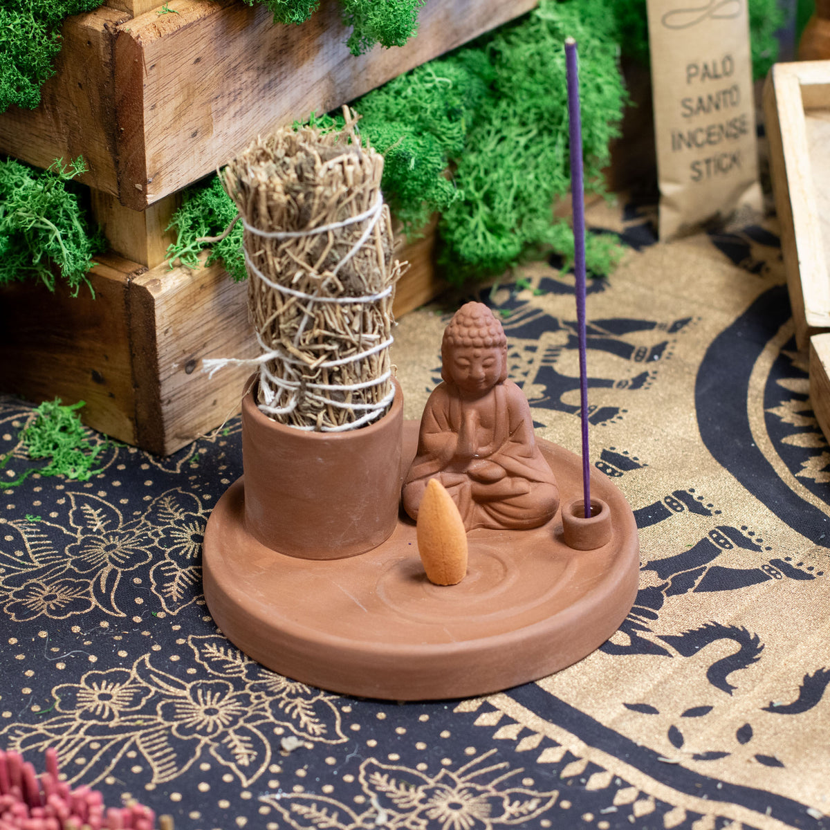 Terracotta Buddha Incense Plate | Ceramic Incense & Wand Holder - Crystal Nest