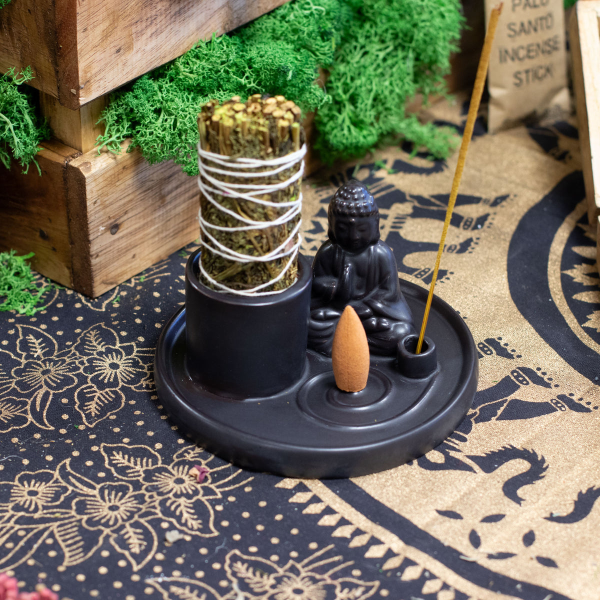Matt Black Buddha Incense Plate | Ceramic Incense & Wand Holder - Crystal Nest