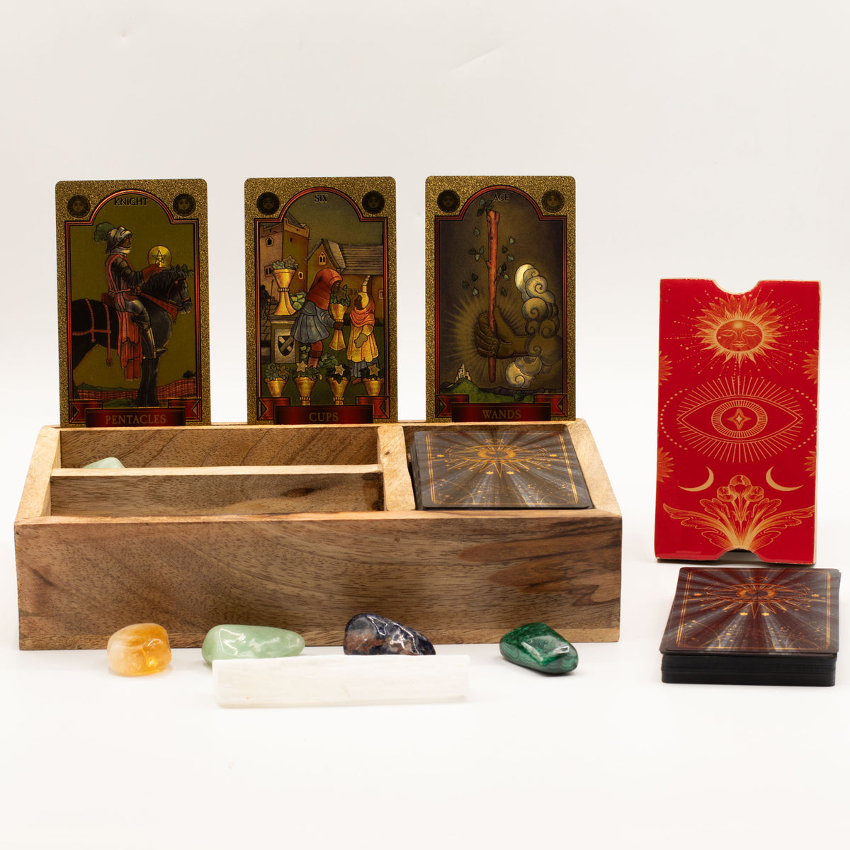 Tarot Storage & Reading Box | 3-Section Wooden Ritual Organiser with Card Holder - Crystal Nest