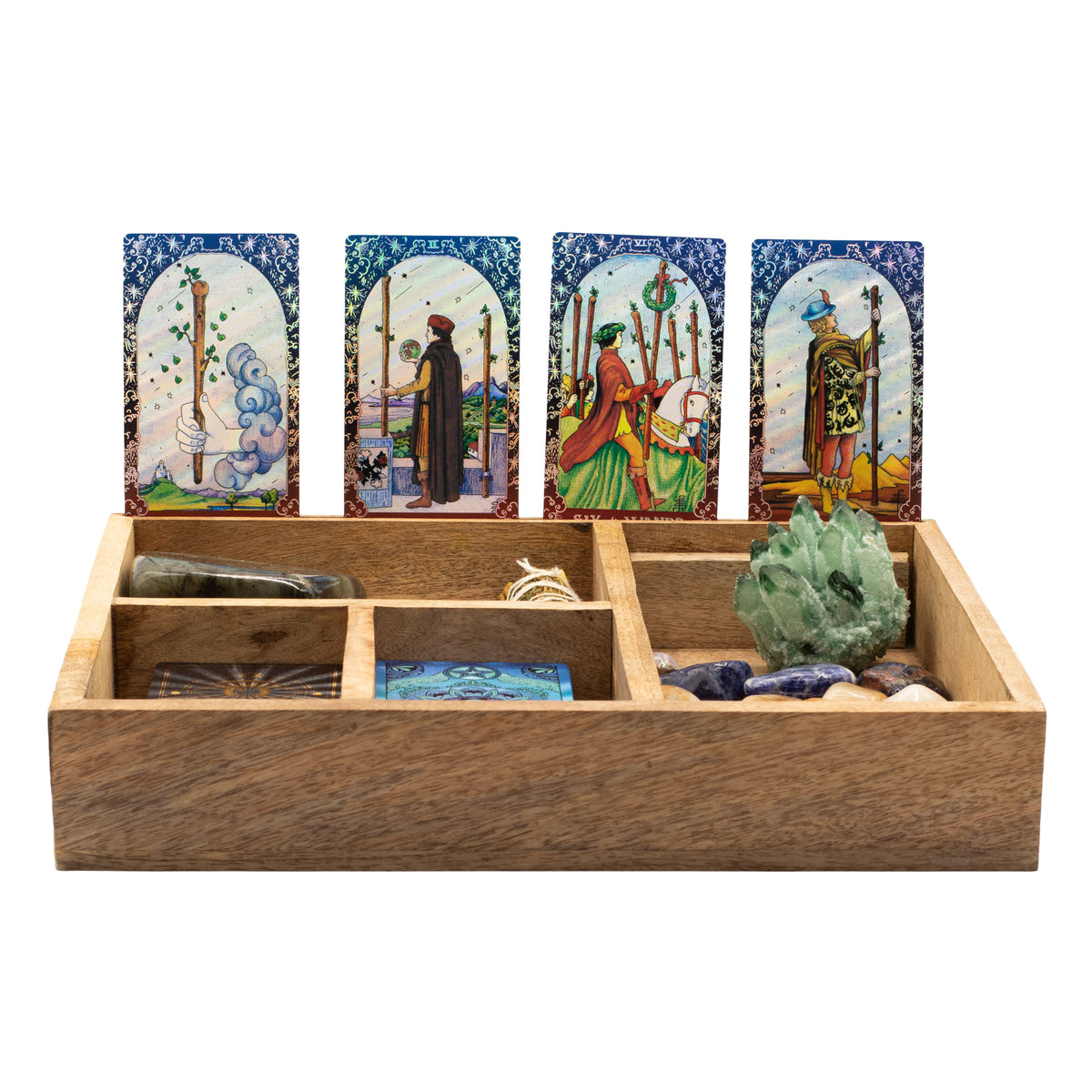Tarot Storage & Reading Box | 4-Section Wooden Ritual Organiser with Card Holder - Crystal Nest