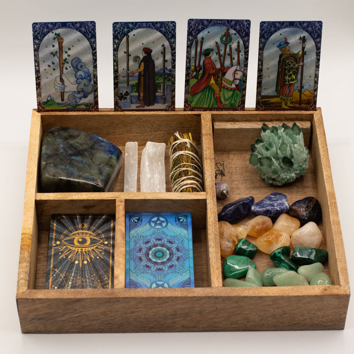 Tarot Storage & Reading Box | 4-Section Wooden Ritual Organiser with Card Holder - Crystal Nest