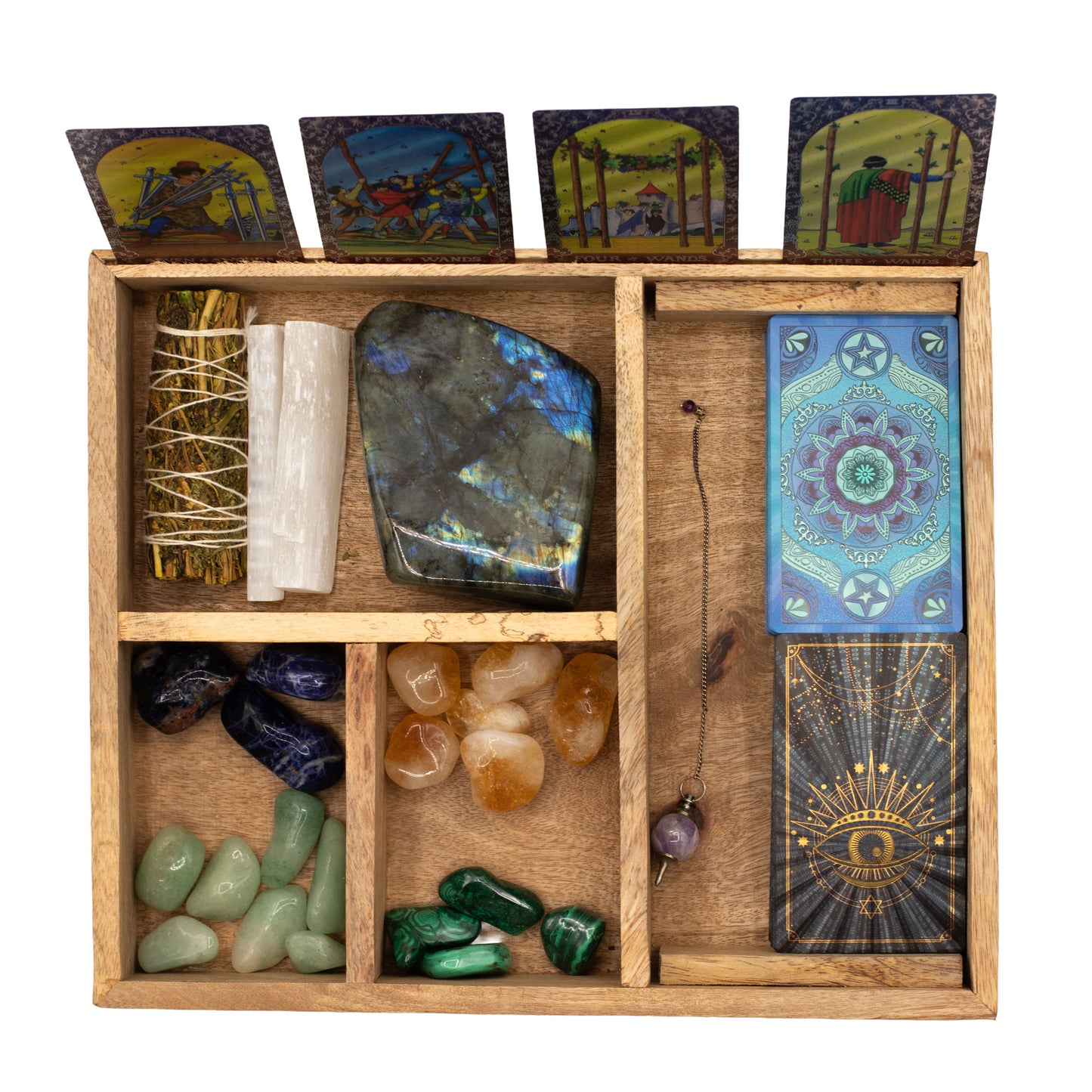 Tarot Storage & Reading Box | 4-Section Wooden Ritual Organiser with Card Holder - Crystal Nest