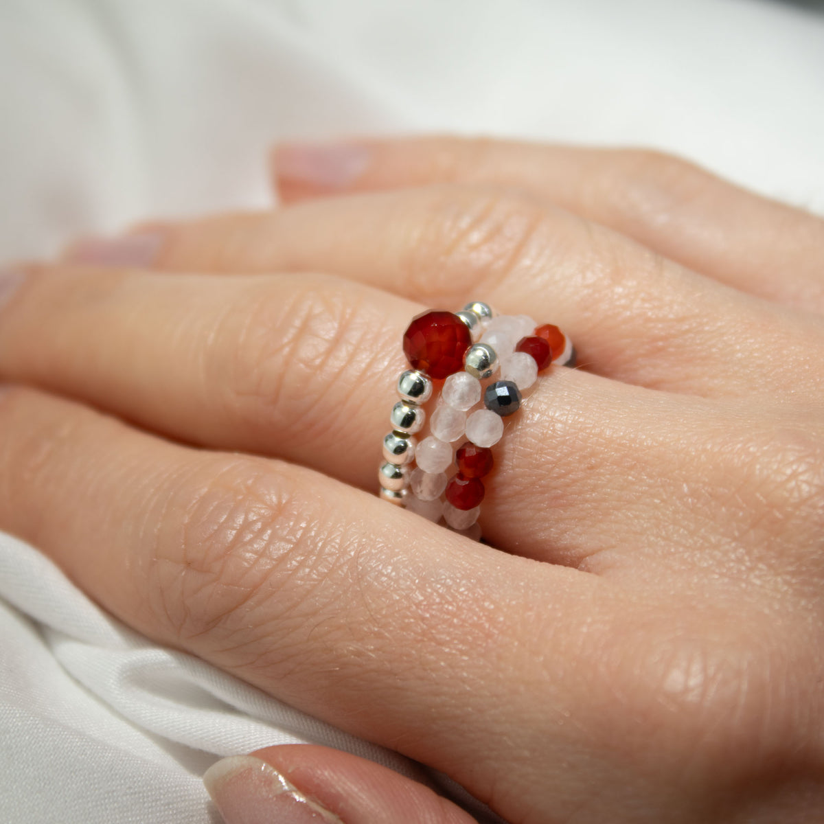 Love & Flame Nymph Ring Set | Rose Quartz & Ruby Stackable Rings - Crystal Nest