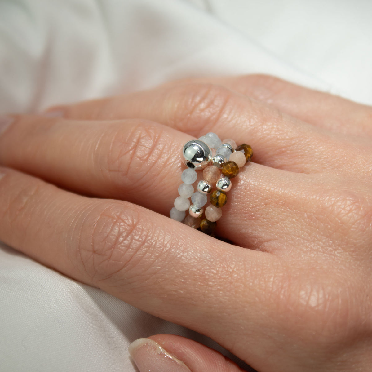 Sea Sunset Nymph Ring Set | Aquamarine, Tiger’s Eye & Sunstone Stackable Rings - Crystal Nest