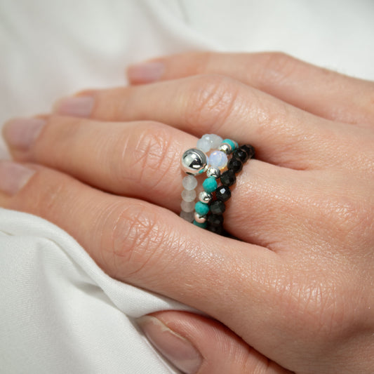 Endless Ocean Nymph Ring Set | Aquamarine, Turquoise & Black Obsidian Stackable Ring