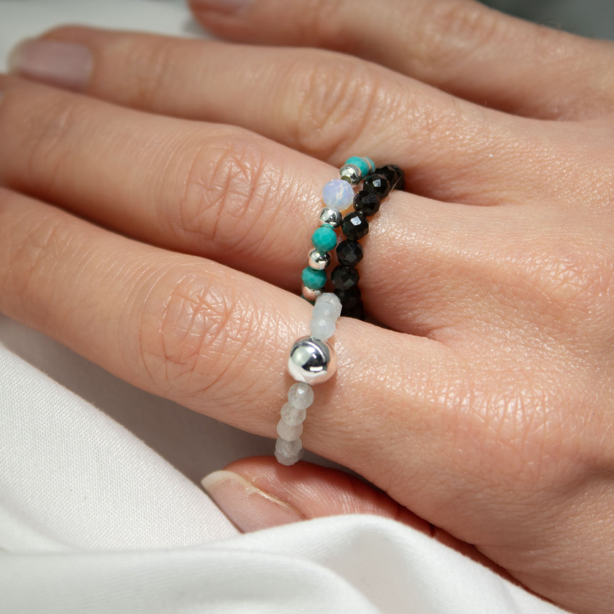 Endless Ocean Nymph Ring Set | Aquamarine, Turquoise & Black Obsidian Stackable Ring - Crystal Nest