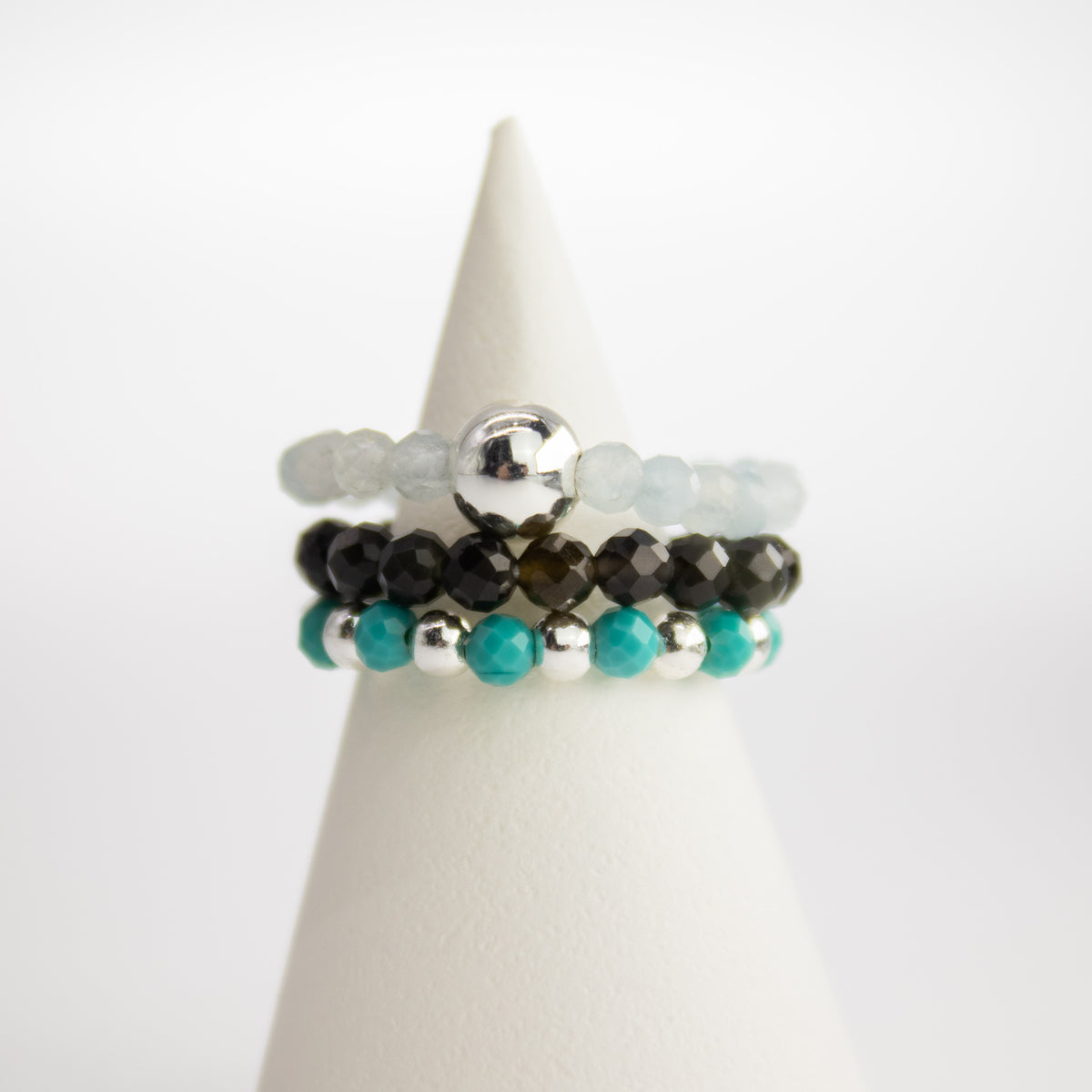 Endless Ocean Nymph Ring Set | Aquamarine, Turquoise & Black Obsidian Stackable Ring - Crystal Nest