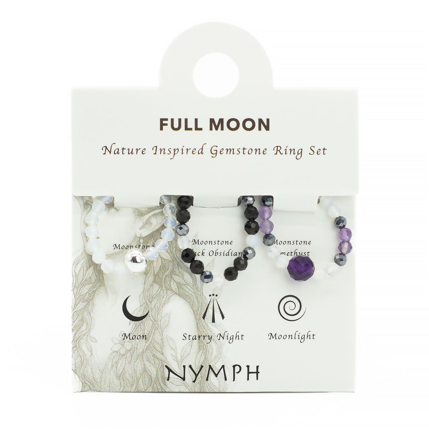 Full Moon Nymph Ring Set | Moonstone, Black Obsidian & Amethyst Stackable Rings