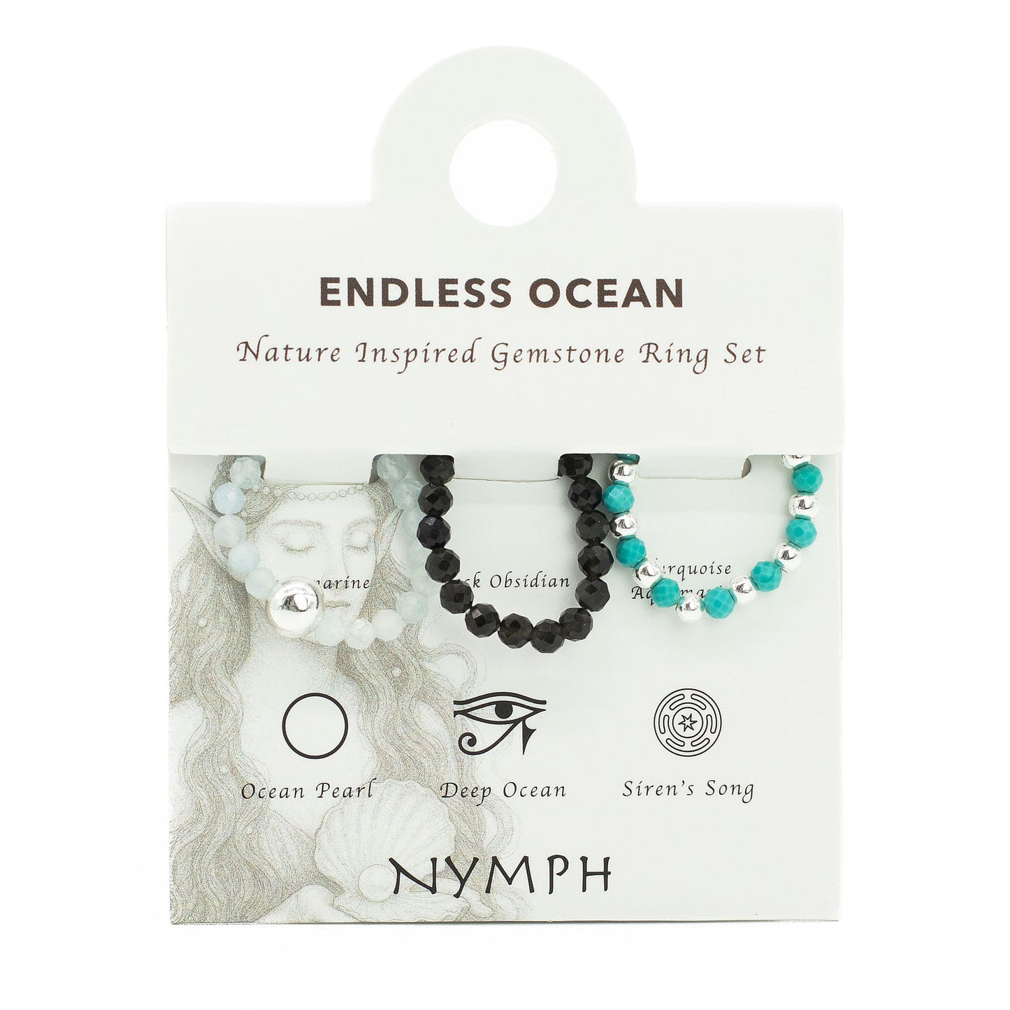 Endless Ocean Nymph Ring Set | Aquamarine, Turquoise & Black Obsidian Stackable Ring - Crystal Nest