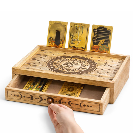 Sun & Moon Tarot Box with Drawer | Storage for Cards, Crystals & Ritual Tools - Crystal Nest