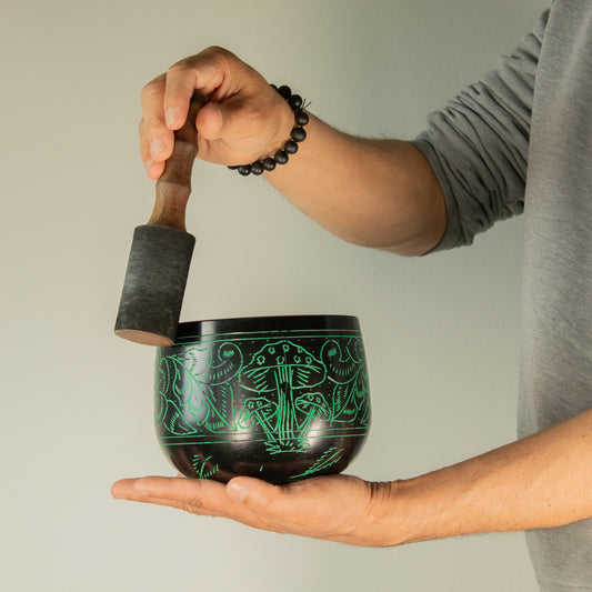 Magic Green Mushroom Cauldron Singing Bowl 15cm | Meditation Bowl with Striker - Crystal Nest