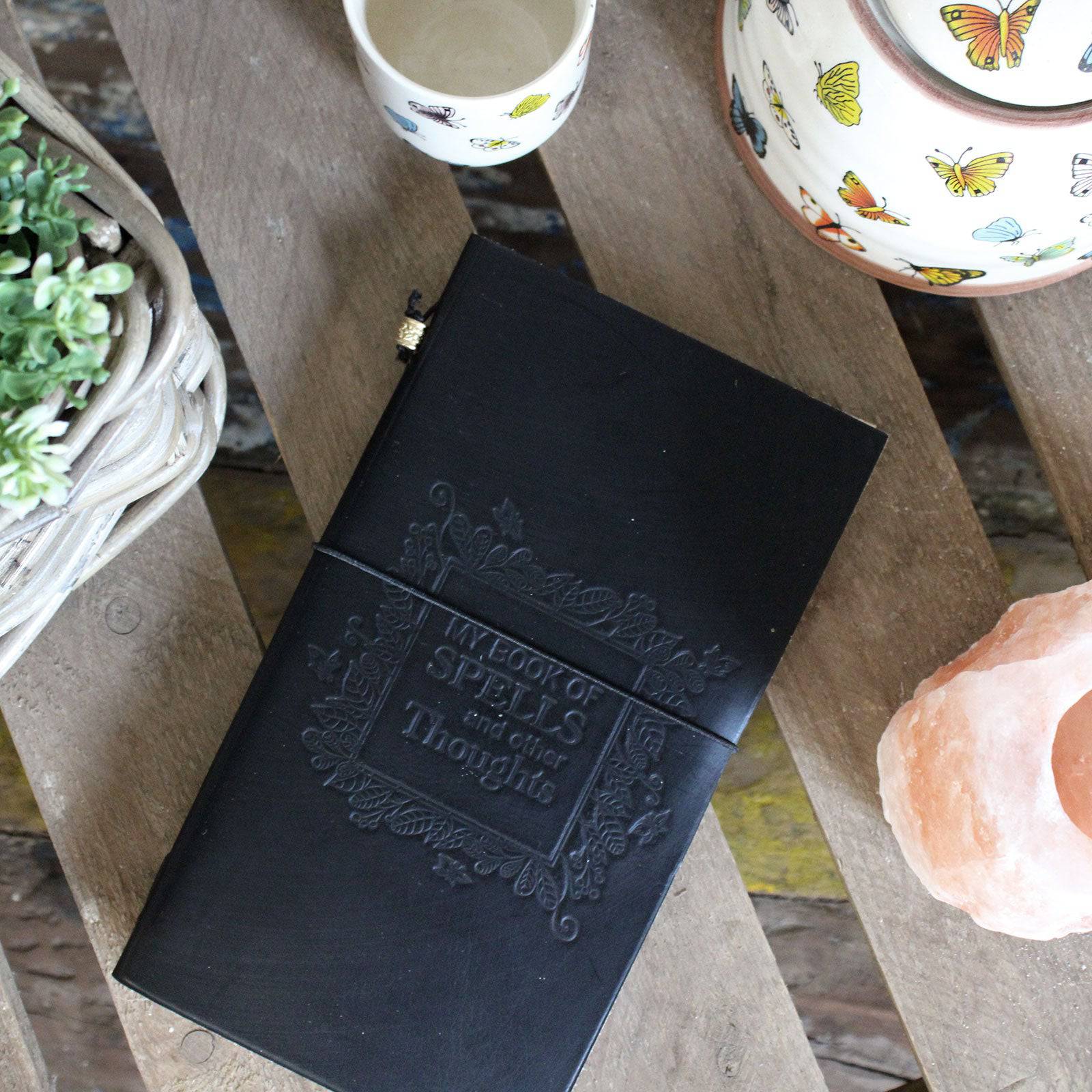 My Book of Spells and Thoughts - Handmade Black Leather Journal - Crystal Nest