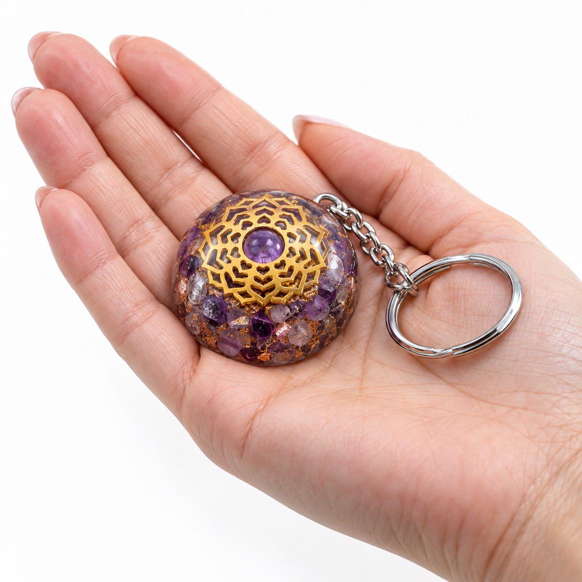 Amethyst Orgonite Golden Mandala Keyring