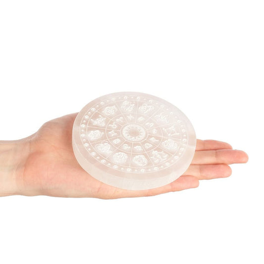 Selenite Charging Disc with Etched Zodiac Wheel Design | 10cm - Crystal Nest
