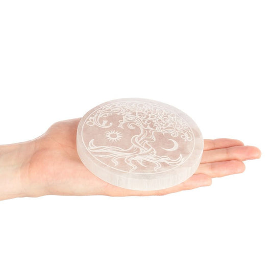 Selenite Charging Disc with Etched Tree of Life Design | 10cm - Crystal Nest
