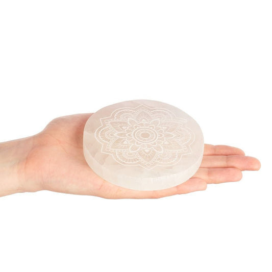 Selenite Charging Disc with Etched Flower Design | 10cm - Crystal Nest