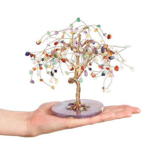 Chakra Willow Gemstone Tree with Agate Slice Base - Crystal Nest