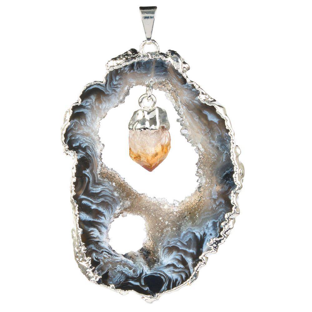 Geode Slice & Citrine Point Crystal Pendant - Silver Plated - Crystal Nest