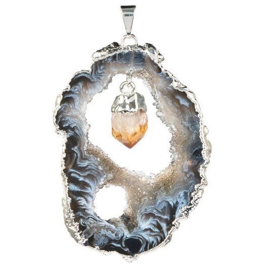 Geode Slice & Citrine Point Crystal Pendant - Silver Plated - Crystal Nest