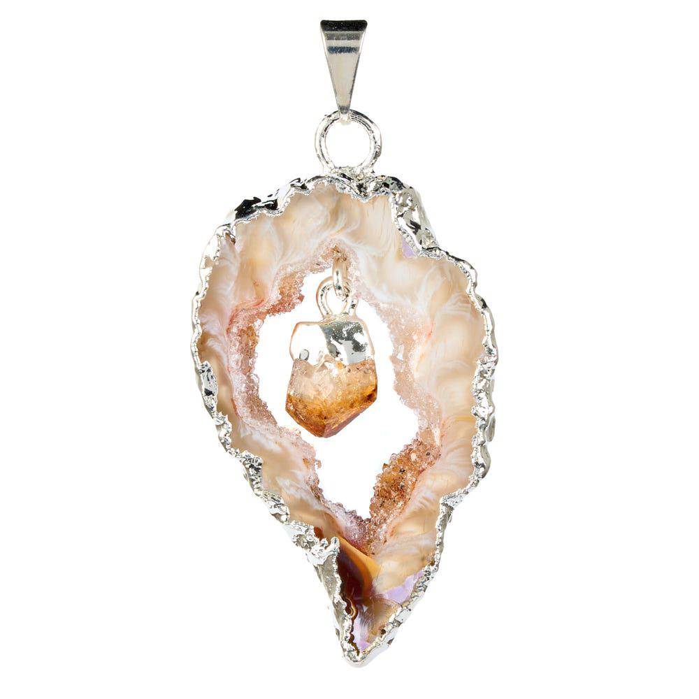 Geode Slice & Citrine Point Crystal Pendant - Silver Plated - Crystal Nest