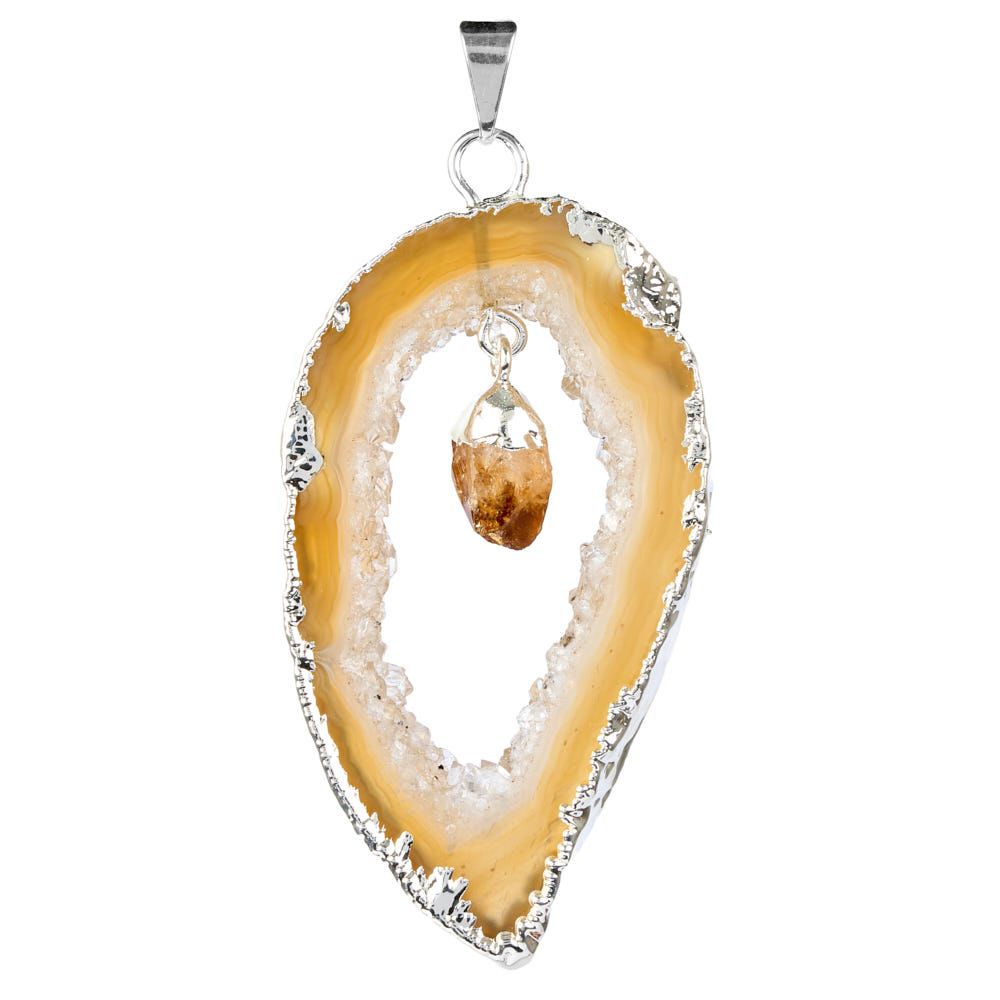 Geode Slice & Citrine Point Crystal Pendant - Silver Plated - Crystal Nest