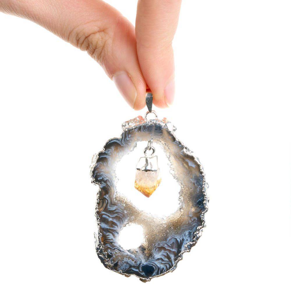 Geode Slice & Citrine Point Crystal Pendant - Silver Plated - Crystal Nest