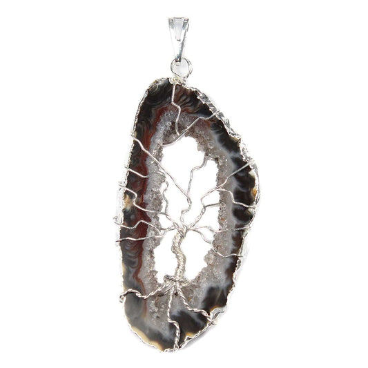 Natural Geode & Tree of Life Pendant - Silver Plated - Crystal Nest