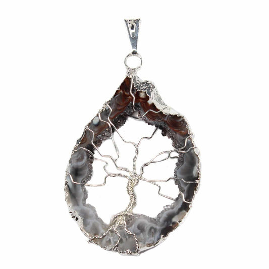 Natural Geode & Tree of Life Pendant - Silver Plated - Crystal Nest