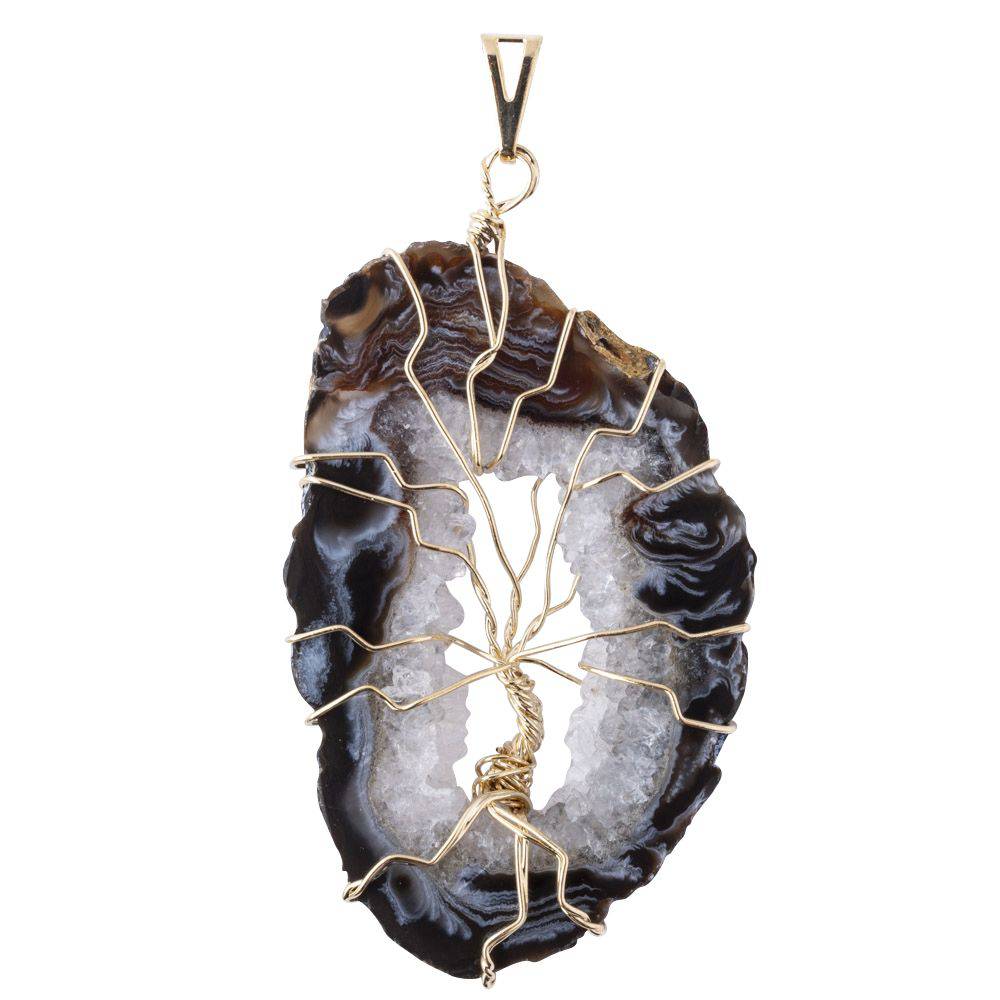 Natural Geode & Tree of Life Pendant - Gold Plated - Crystal Nest