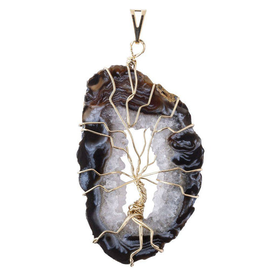 Natural Geode & Tree of Life Pendant - Gold Plated - Crystal Nest