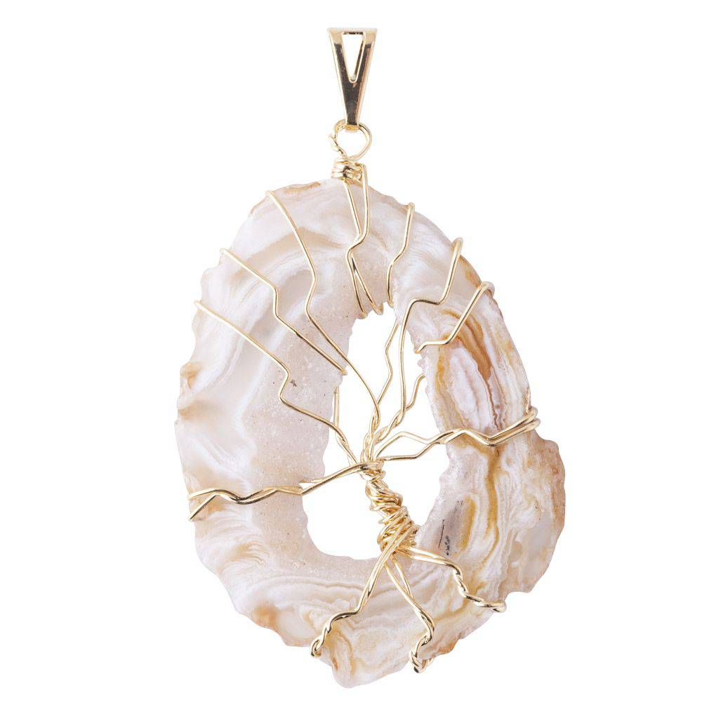 Natural Geode & Tree of Life Pendant - Gold Plated - Crystal Nest