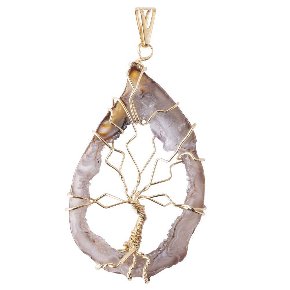 Natural Geode & Tree of Life Pendant - Gold Plated - Crystal Nest