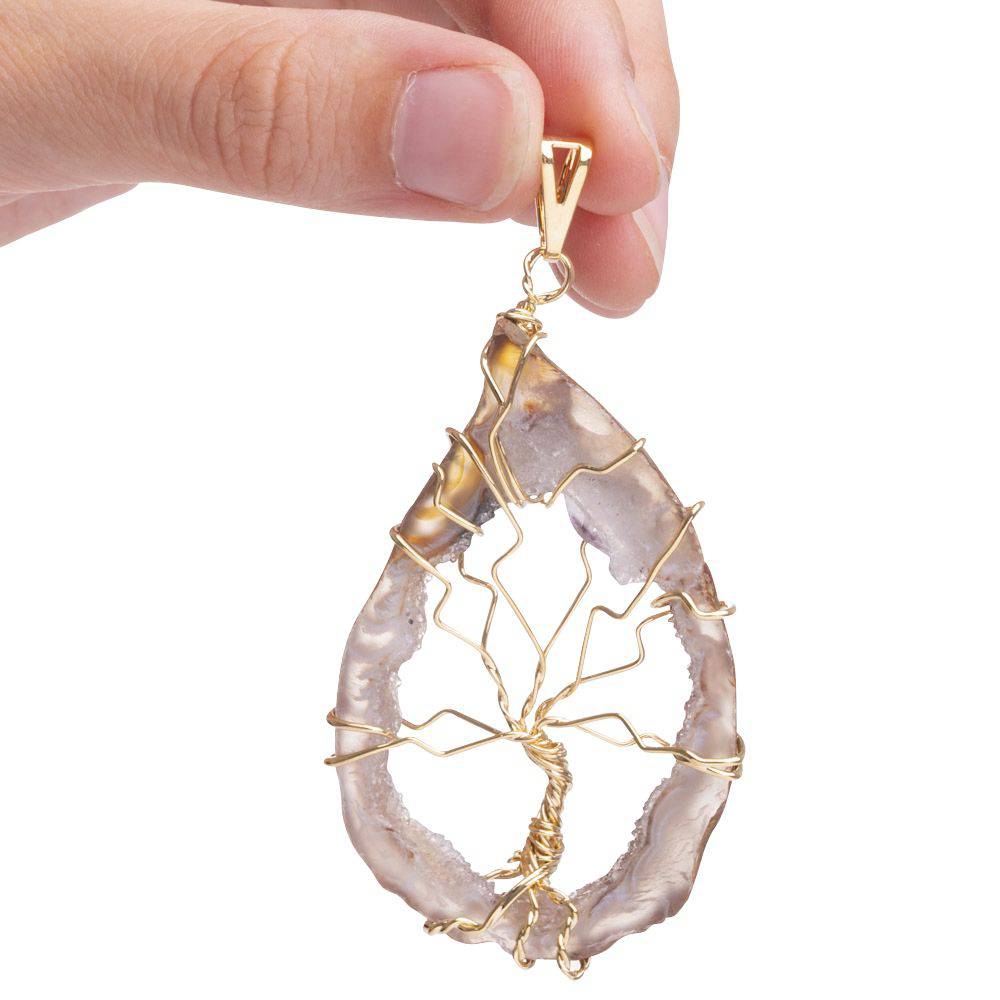 Natural Geode & Tree of Life Pendant - Gold Plated - Crystal Nest